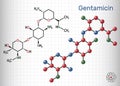 Gentamicin molecule. It is broad-spectrum aminoglycoside antibiotic. Structural chemical formula and molecule model
