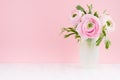 Gente pastel pink ranunculus flowers in elegant frosted white vase on soft light white wood board and pink wall, copy space. Royalty Free Stock Photo