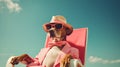 Gentelman dog on vacation, dressed up dog with suit, glasses and a hat on the beach Royalty Free Stock Photo