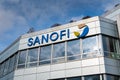 Logo on the head office building of Sanofi, Gentilly, France