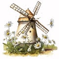 Gentle Blooms: daisy flowers and Windmill in a Watercolor Painting AI Generated