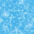 Gentle blue seamless pattern with paisley and transparent leaves