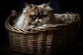 A gentle and cuddly Persian cat snuggled up in a basket, enjoying some quiet. Generative AI