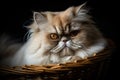A gentle and cuddly Persian cat snuggled up in a basket, enjoying some quiet. Generative AI