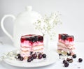 Jelly on cake, cake with jelly,Gentle curd cake, curd-berry enjoyment, cake, kettle white and cake cut