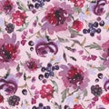 Gentle Fall Watercolor Vintage Seamless Pattern with Purple Chrysanthemum