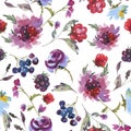Gentle Fall Watercolor Vintage Seamless Pattern with Purple Chrysanthemum
