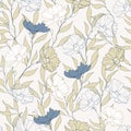 Gentle floral seamless print for fabric. Blue and beige flowers on a white background. Vintage style