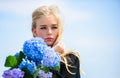 Gentle flower for delicate woman. Pure beauty. Tenderness of young skin. Springtime bloom. Girl tender blonde hold