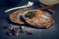 Pancakes with cheese, apple, vanilla, cinnamon, and dried fruits Royalty Free Stock Photo