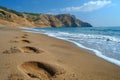 Gentle footprints in the sand leading towards the ocean