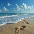 Gentle footprints in the sand leading towards the ocean