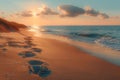 Gentle footprints in the sand leading towards the ocean