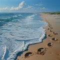 Gentle footprints in the sand leading towards the ocean