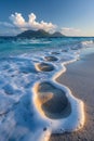 Gentle footprints in the sand leading towards the ocean