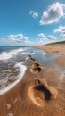 Gentle footprints in the sand leading towards the ocean