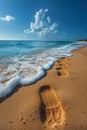 Gentle footprints in the sand leading towards the ocean