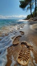 Gentle footprints in the sand leading towards the ocean