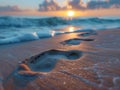 Gentle footprints in the sand leading towards the ocean