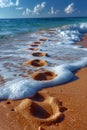 Gentle footprints in the sand leading towards the ocean