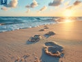 Gentle footprints in the sand leading towards the ocean