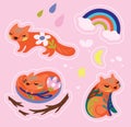 Gentle foxes with floral elements inside. Vector stickers