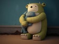 A gentle Frankensteins Monster cuddling up with a toy bear. Cute creature. AI generation Royalty Free Stock Photo