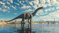 The gentle giant Diplodocus wades through the shallow oasis water ripples forming around its large and powerful body