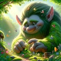 Gentle Giant Troll Nurturing a Lush Garden with Butterflies. Ai generated