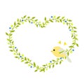 Gentle green heart-shaped wreath with a yellow bird