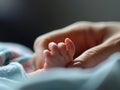 A gentle hand cradles a newborn\'s tiny foot, symbolizing the tender beginnings of life and family