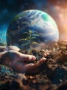 A gentle hand holds a bed of soil nurturing a young plant, with a cosmic depiction of Earth in the background, invoking