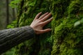 Gentle hand touch on moss-covered tree. Deep connection and harmony with forest environment. Bond between humans and nature. Touch Royalty Free Stock Photo