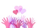 Gentle illustration of color transparent human hands with hearts. International day of friendship and kindness. The unity Royalty Free Stock Photo