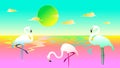 A gentle landscape of a colourful sunset with graceful flamingos on the seashore