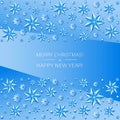 Gentle light blue festive background with a strip of snowflakes, beads and Christmas stars. Christmas Card.