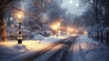 The Gentle Light of a Street Lamp Shining Over a Snowy Winter Road Royalty Free Stock Photo