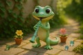 Lizard playing clarinet on a garden path with flowers and sunlight. Royalty Free Stock Photo