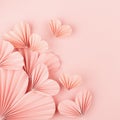 Gentle love pink hearts of chinese paper fans flying on pastel pink color as elegant curved stream, top view, copy space, square. Royalty Free Stock Photo