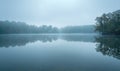 A gentle morning mist over a tranquil lake with soft reflections Royalty Free Stock Photo