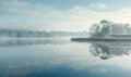 A gentle morning mist over a tranquil lake with soft reflections Royalty Free Stock Photo