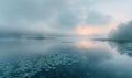 A gentle morning mist over a tranquil lake with soft reflections Royalty Free Stock Photo