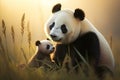 Gentle and nurturing panda mother bonding with adorable cub in their serene natural environment