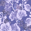 Gentle Orchid Flowers Drawn by Hand on Trendy Very Peri Background.