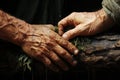 Gentle palm embraces a weathered tree trunk, a poignant symbol of forest conservation in the face of deforestation