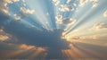 A gentle pan across a tranquil sky reveals ethereal rays of light breaking through a patchwork of clouds, Generative AI Royalty Free Stock Photo