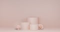 Gentle pastel pink 3 stages circle cosmetic or fashion product display podium with natural and realistic rose