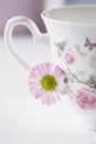 Gentle pastel spring flower and pink cup