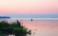 Gentle Pink Dawn Over the Blue Horizon of a Calm Lake Royalty Free Stock Photo