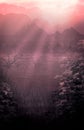 Gentle, pink sunrise over the water and mountains with bright rays of the sun, warm silhouette landscape with vegetation